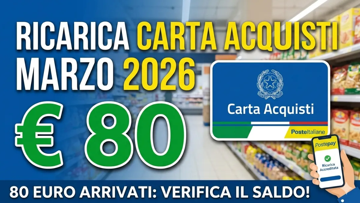 Make me proffessional and engaging thumbnail "wide" and large and good : Ricarica Carta Acquisti Marzo 2026: 80 euro,